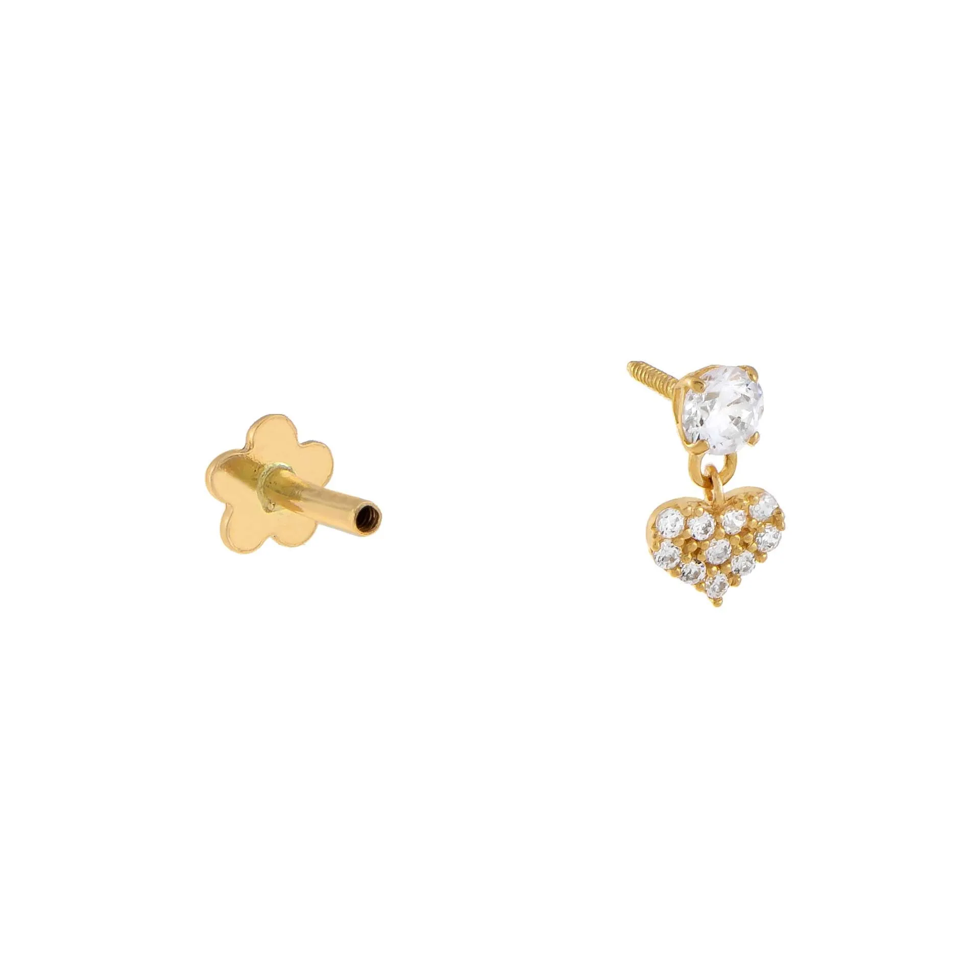 CZ Heart x Solitaire Threaded Stud Earring 14K