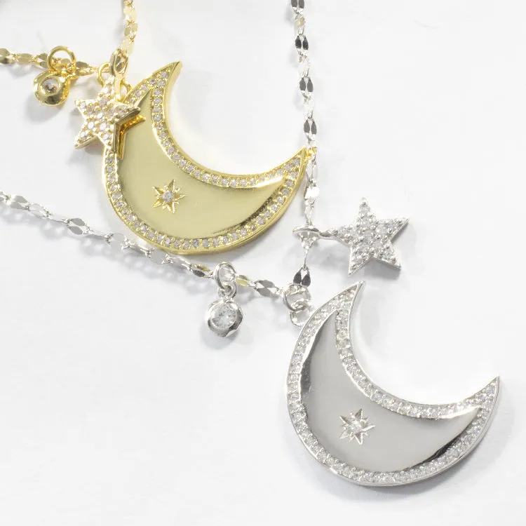 CZ Moon & Star Necklace - Gold or Silver