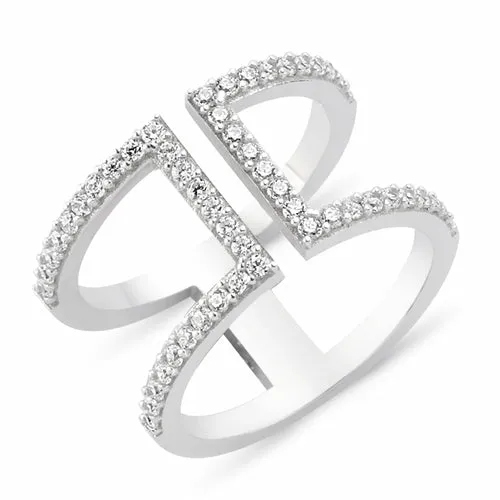 Dainty Double Band Stacked Ring in Sterling Silver with CZ Crystals - Handmade Jewelry