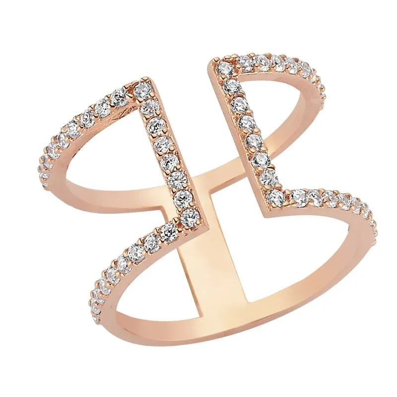 Dainty Double Band Stacked Ring in Sterling Silver with CZ Crystals - Handmade Jewelry