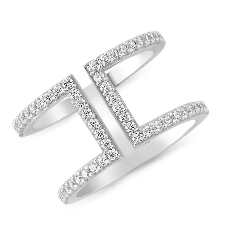 Dainty Double Band Stacked Ring in Sterling Silver with CZ Crystals - Handmade Jewelry
