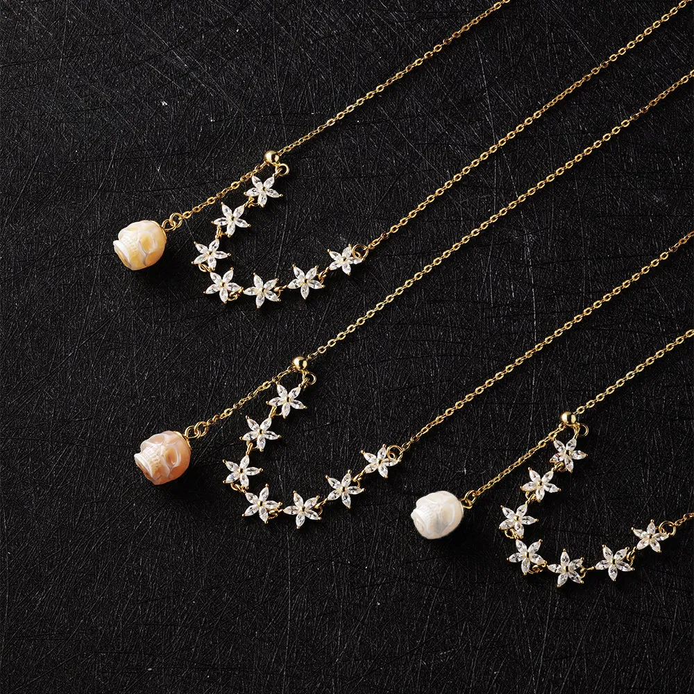 Dainty Pearl Skull Lily Gold Marquise Cut CZ Necklace