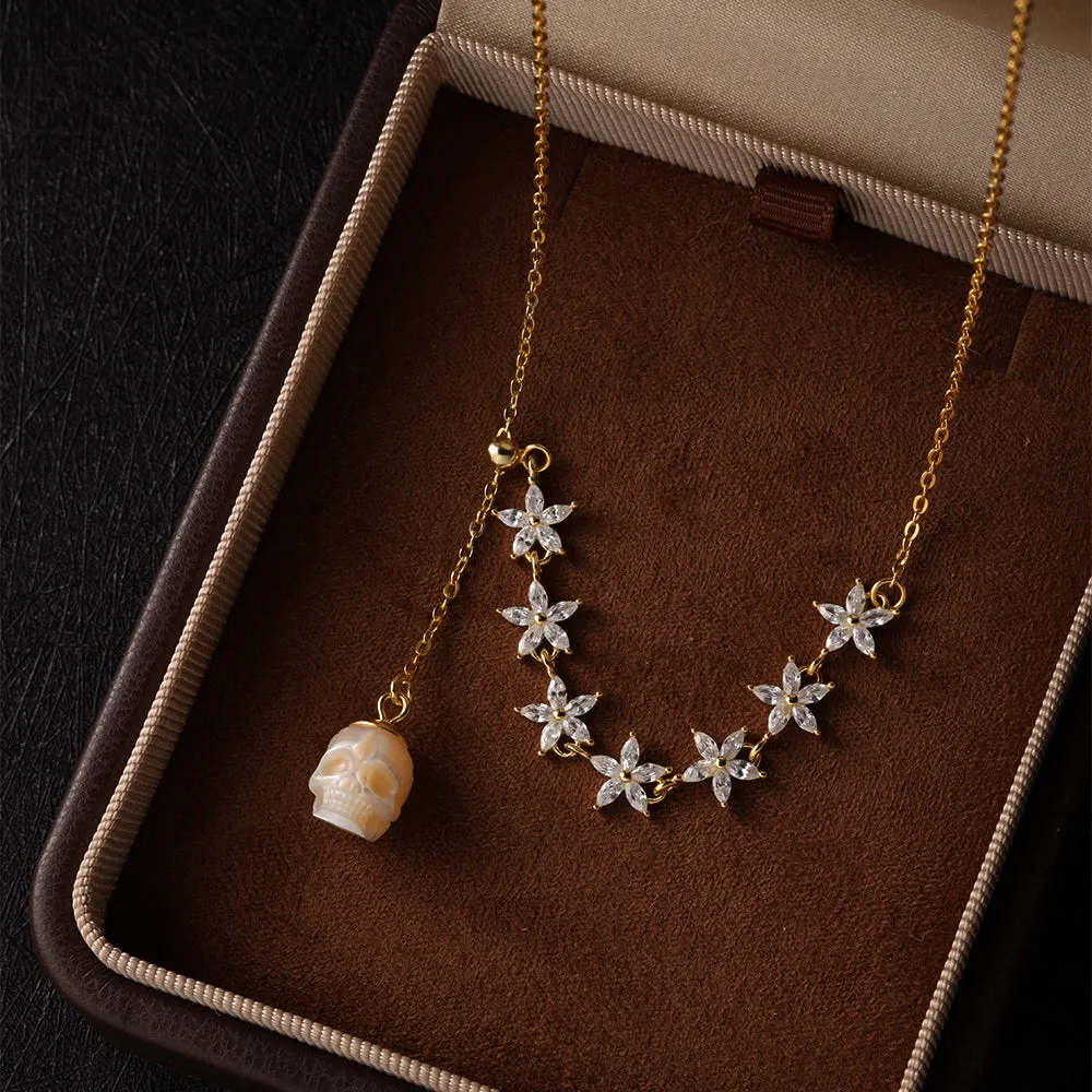 Dainty Pearl Skull Lily Gold Marquise Cut CZ Necklace