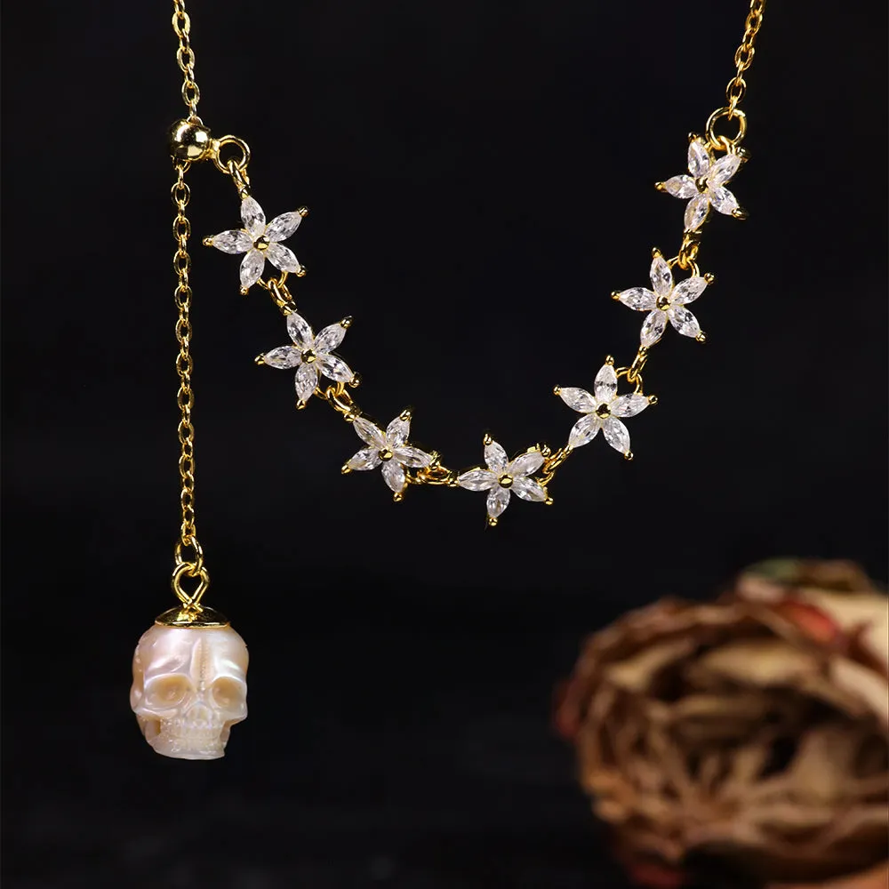 Dainty Pearl Skull Lily Gold Marquise Cut CZ Necklace