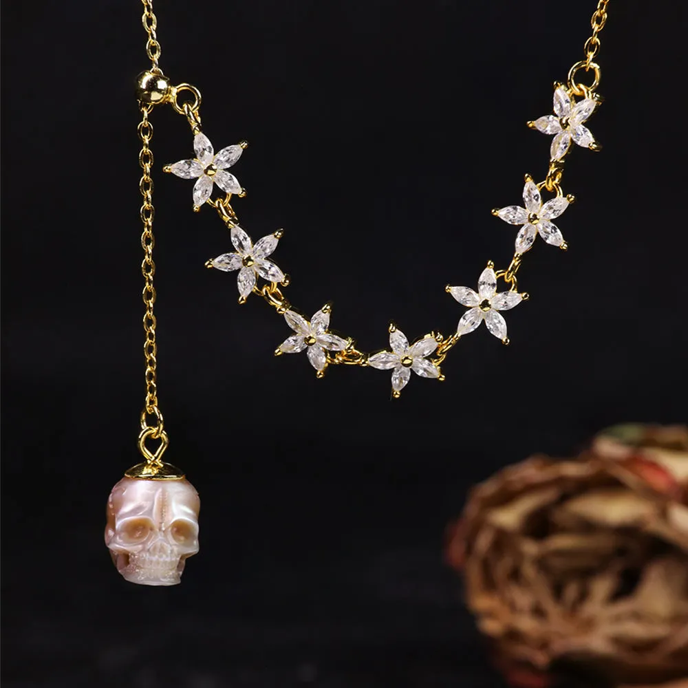 Dainty Pearl Skull Lily Gold Marquise Cut CZ Necklace