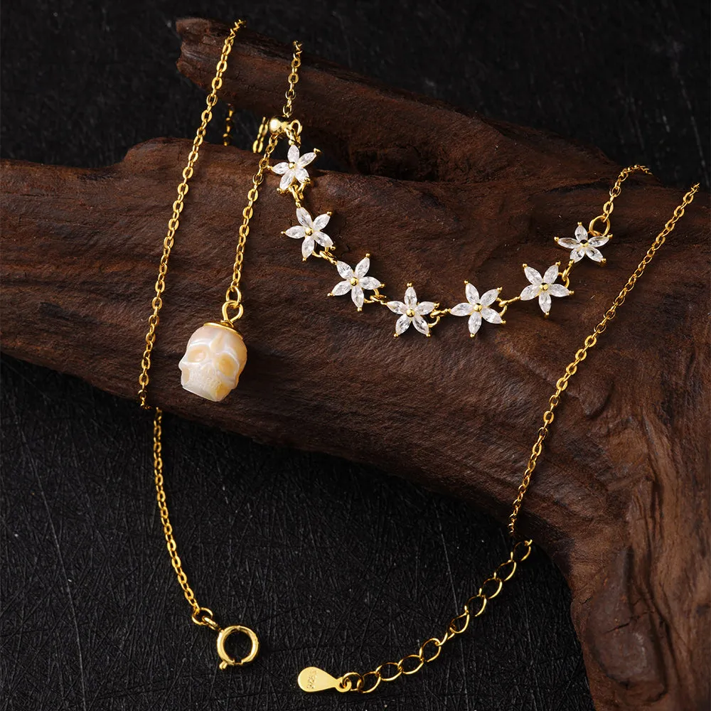Dainty Pearl Skull Lily Gold Marquise Cut CZ Necklace