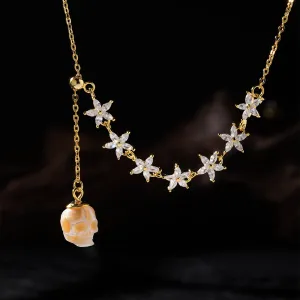 Dainty Pearl Skull Lily Gold Marquise Cut CZ Necklace