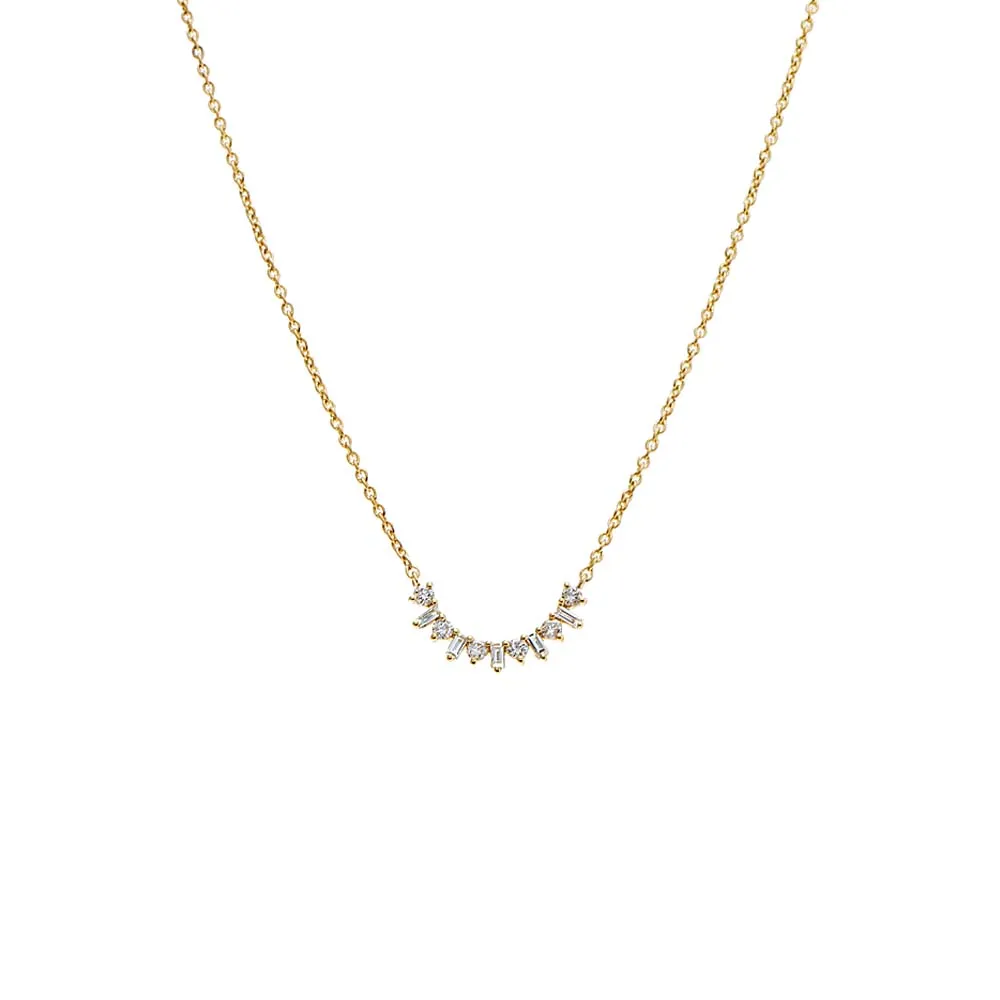 Diamond Baguette X Solitaire Curved Bar Necklace 14K