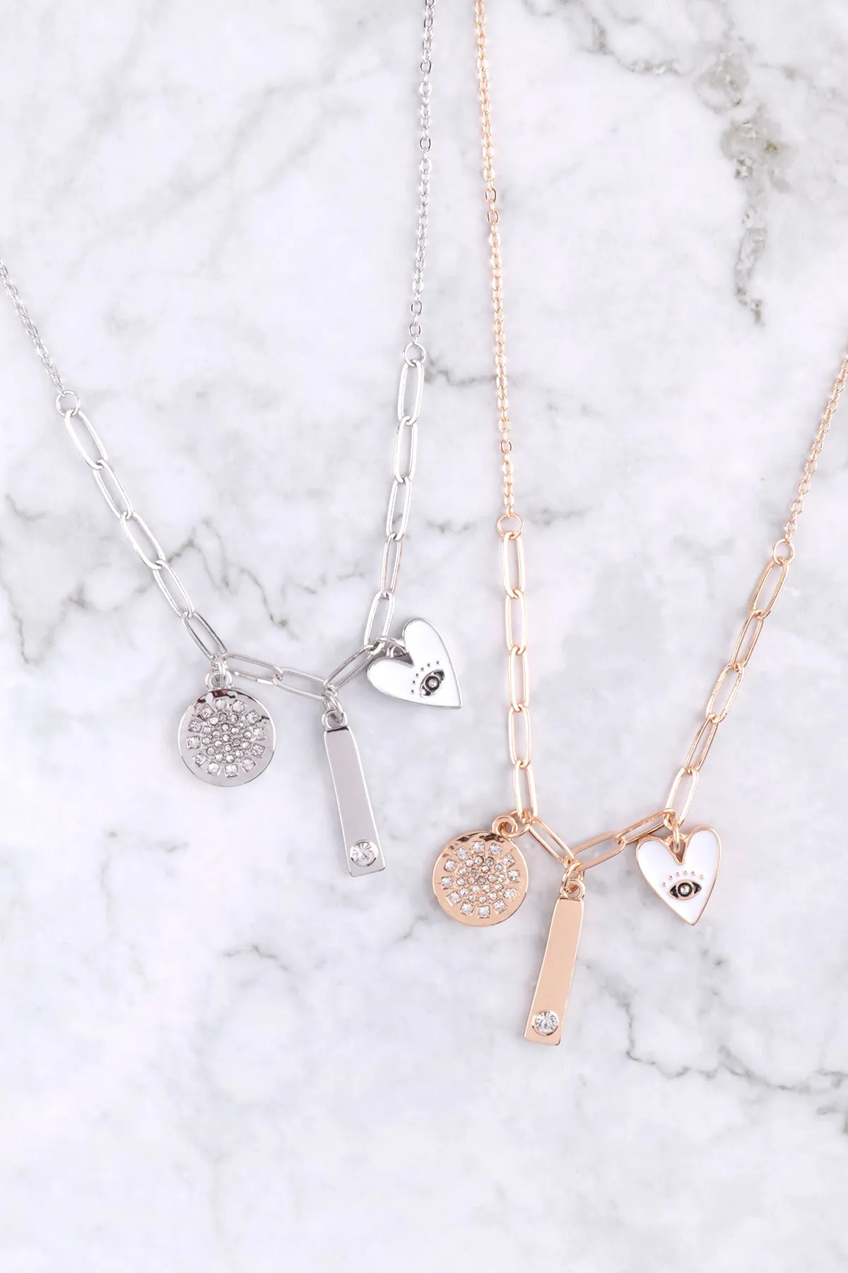 DISK HEART BAR CUBIC MULTI PENDANT CHARM NECKLACE