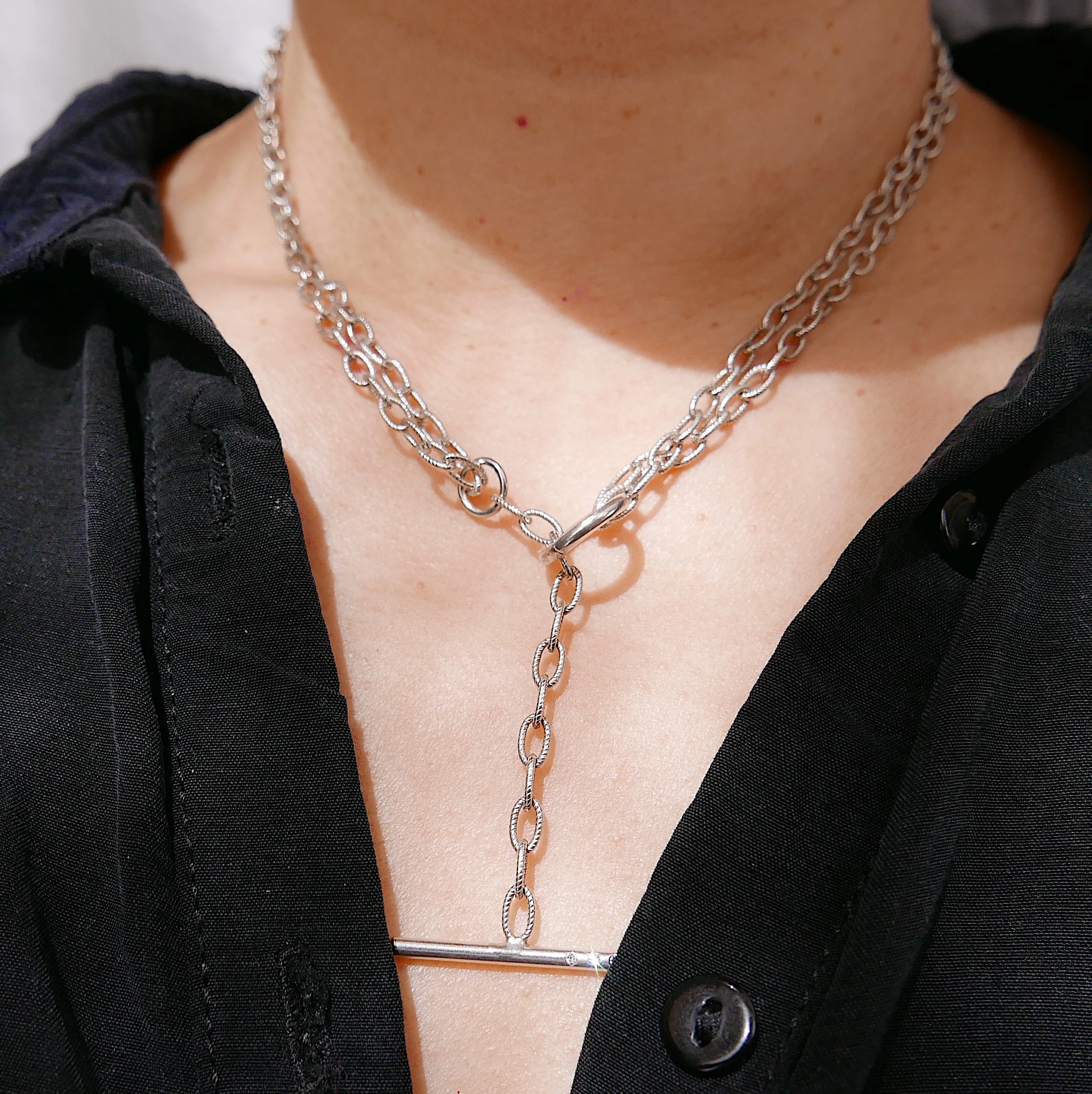 Double Chain Diamond Bar Necklace - Medium