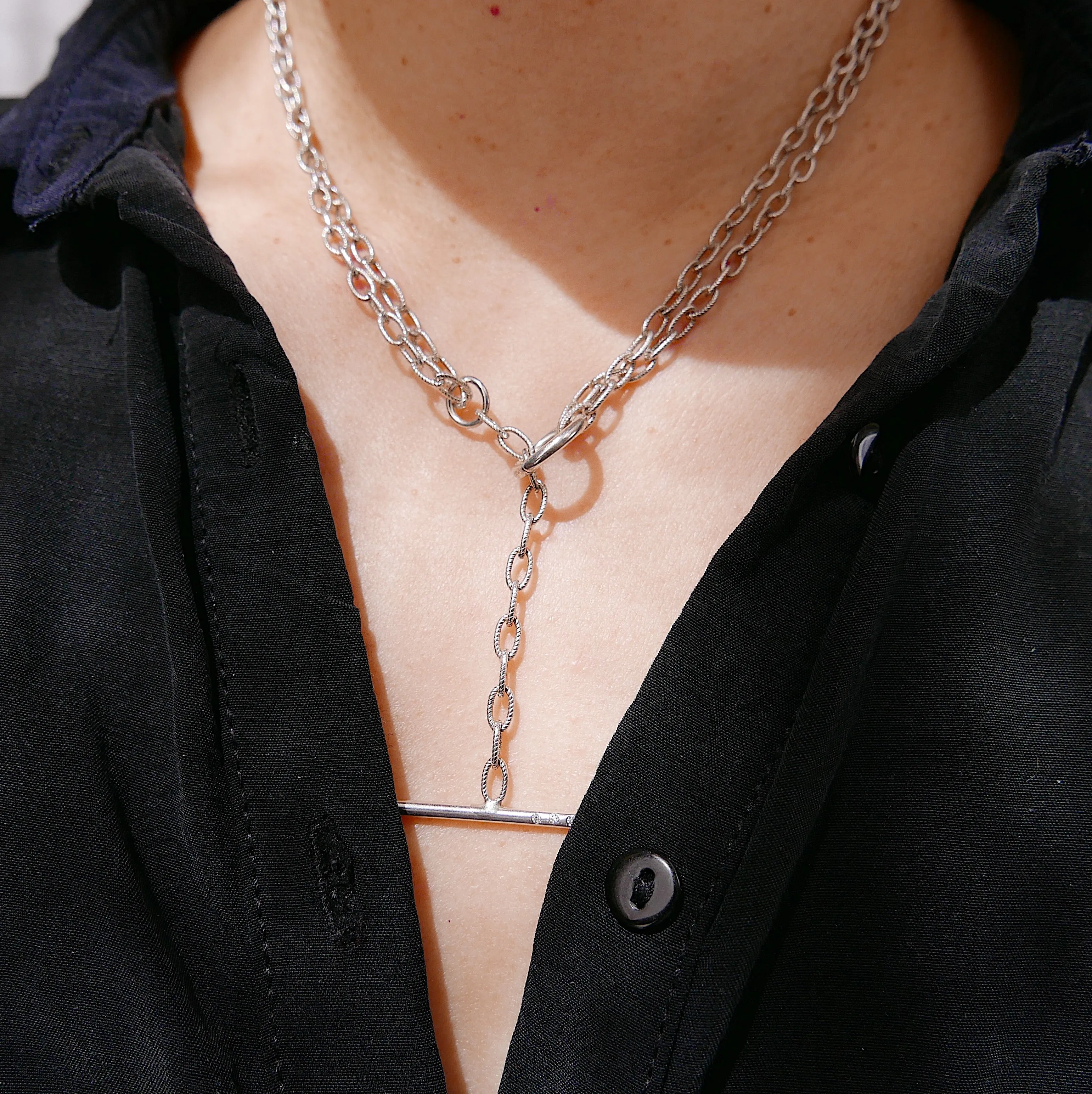 Double Chain Diamond Bar Necklace - Medium