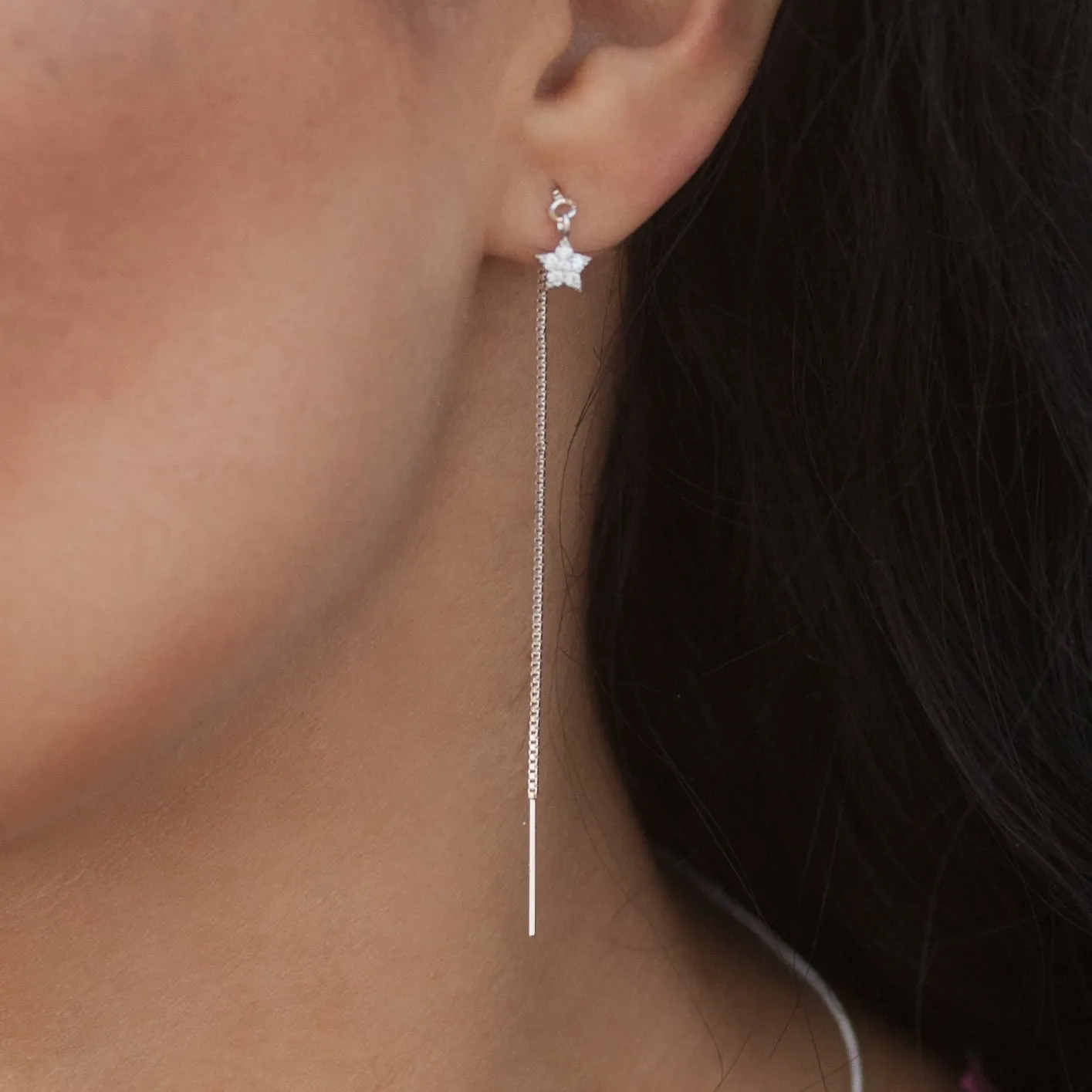 Earring Threader with Cubic Zirconia Star in Sterling Silver