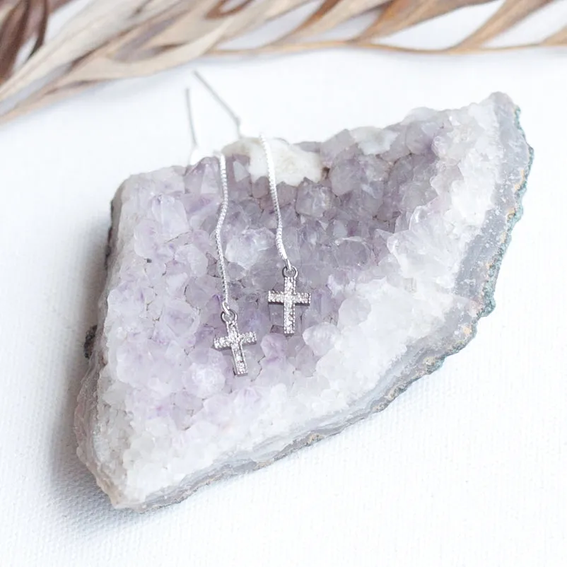 Earring Threader with Diamond Cross in Sterling Silver Pave Setting