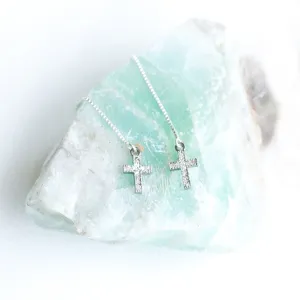 Earring Threader with Diamond Cross in Sterling Silver Pave Setting