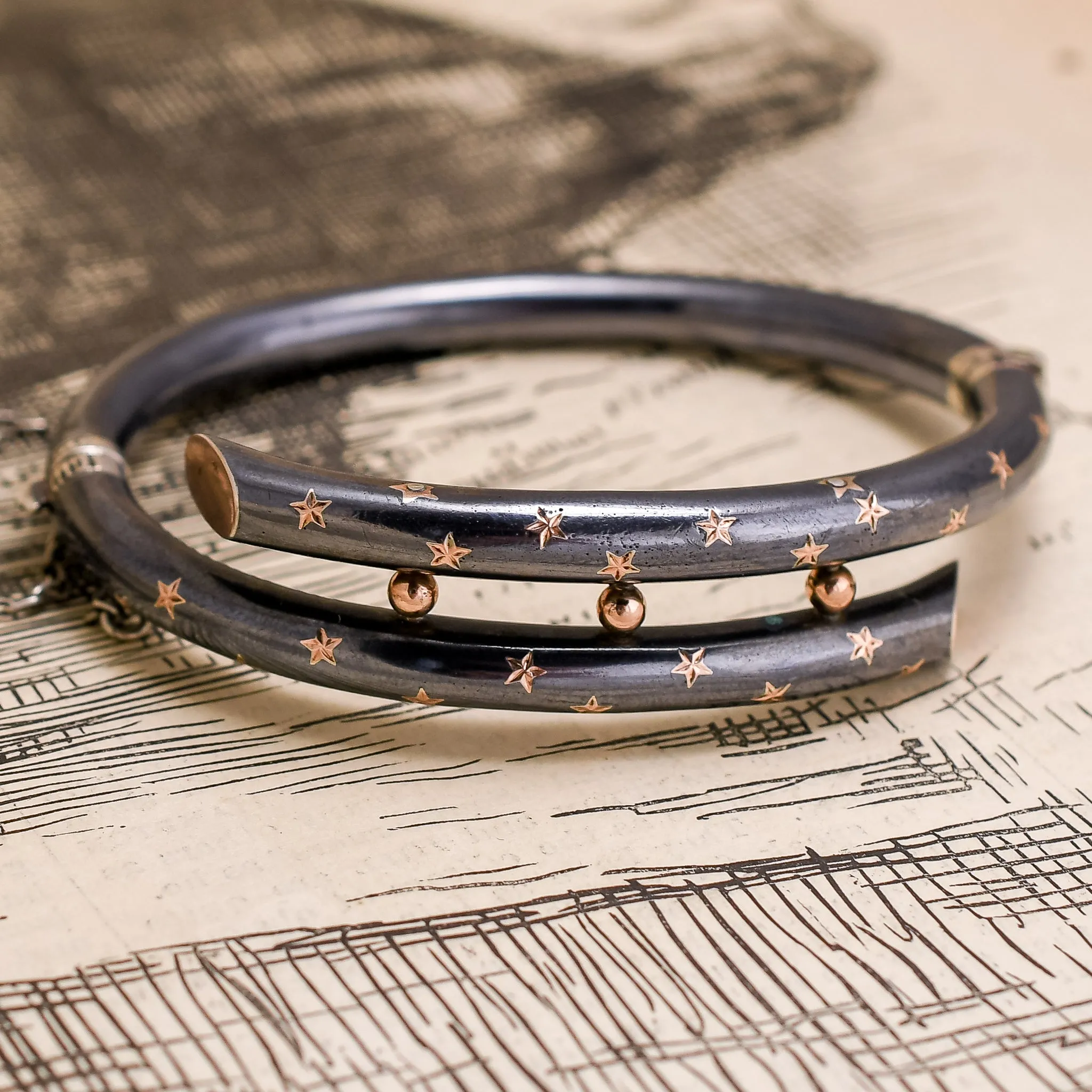 Edwardian Niello Silver & Rose Gold Star Bangle