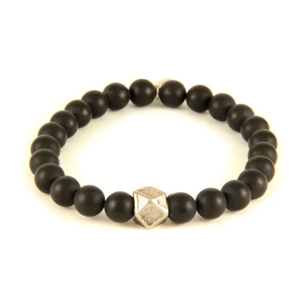 Elastic Bracelet with Semi Precious Black Agate Stones and Faceted Bead