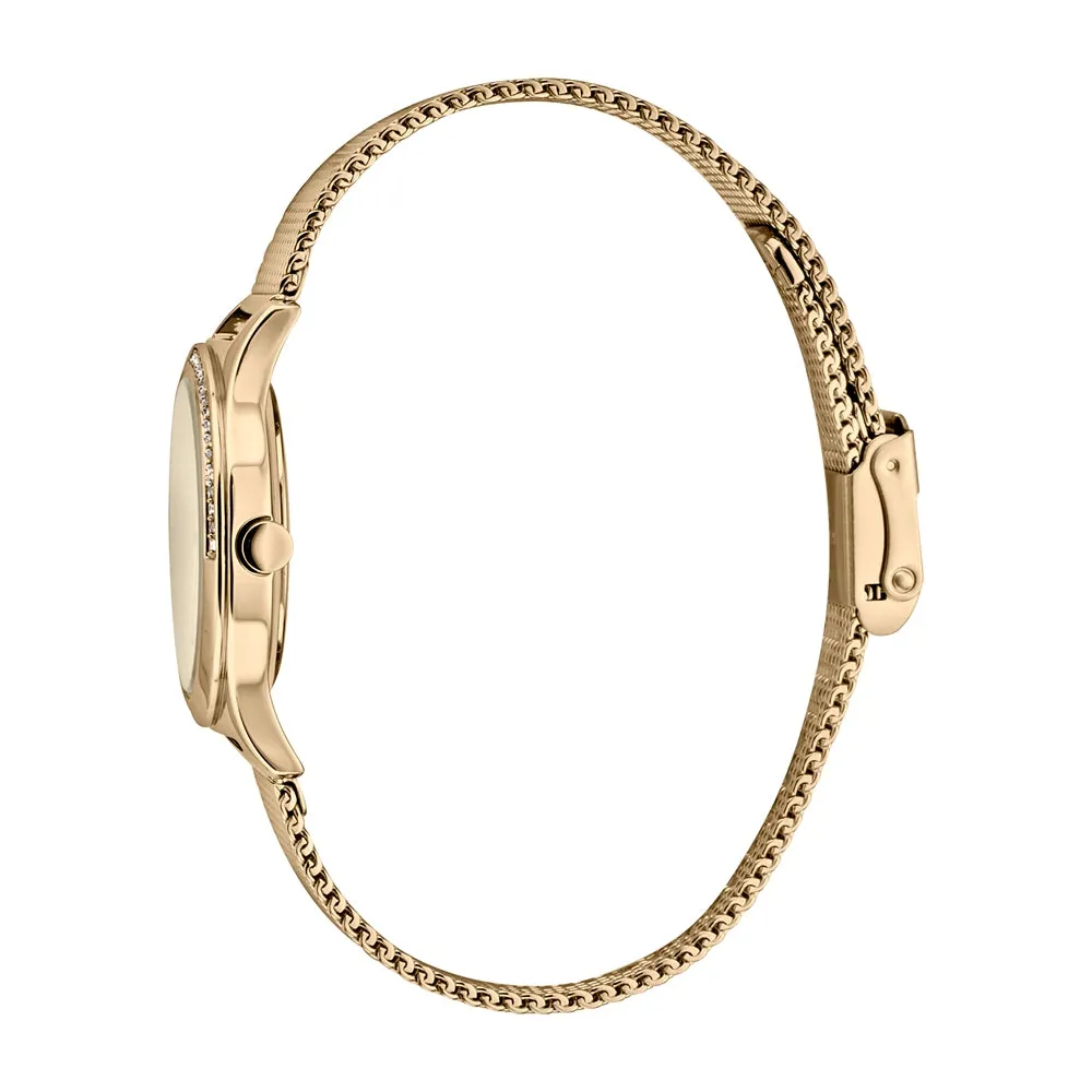 Esprit Ladies IP Gold Stainless Steel Watch Stones on Bezel Golden Dial & Mesh Bracelet