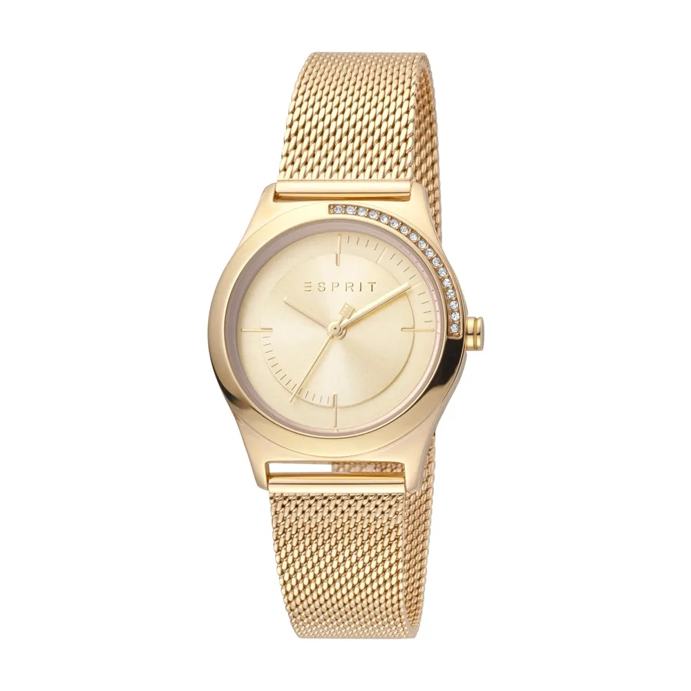 Esprit Ladies IP Gold Stainless Steel Watch Stones on Bezel Golden Dial & Mesh Bracelet