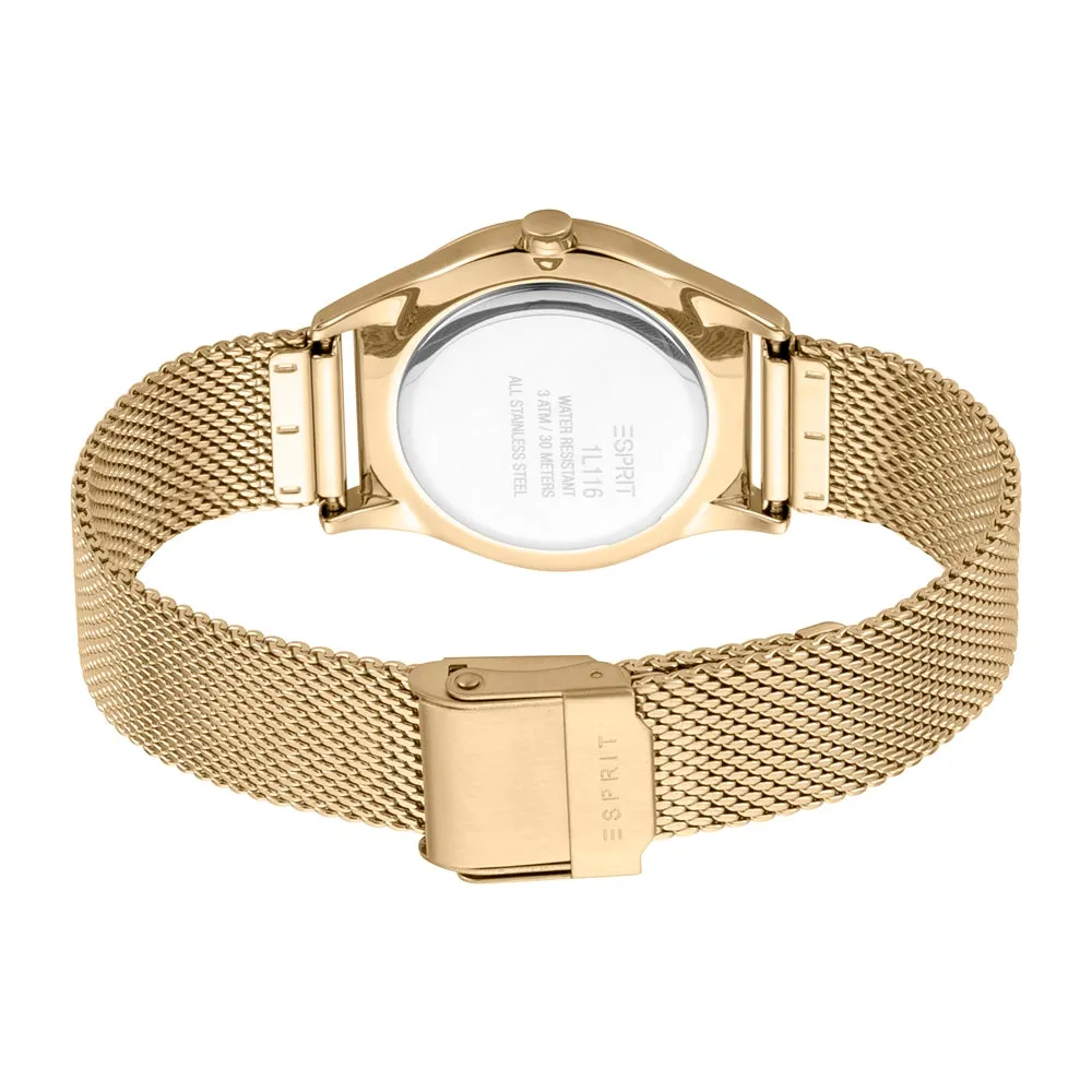 Esprit Ladies IP Gold Stainless Steel Watch Stones on Bezel Golden Dial & Mesh Bracelet