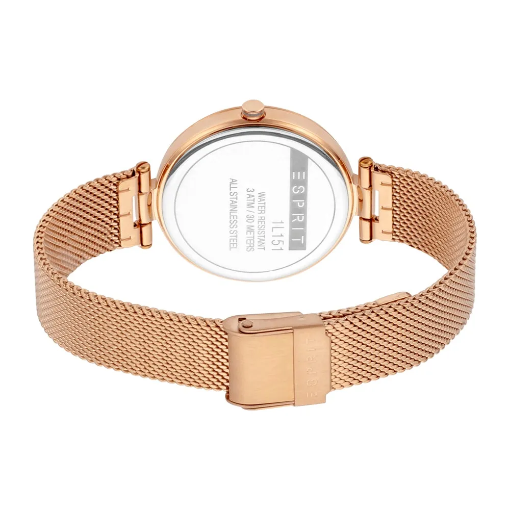 Esprit Ladies Watch Ip Rosegold Mesh Bracelet & Rosegold Dial With Stone