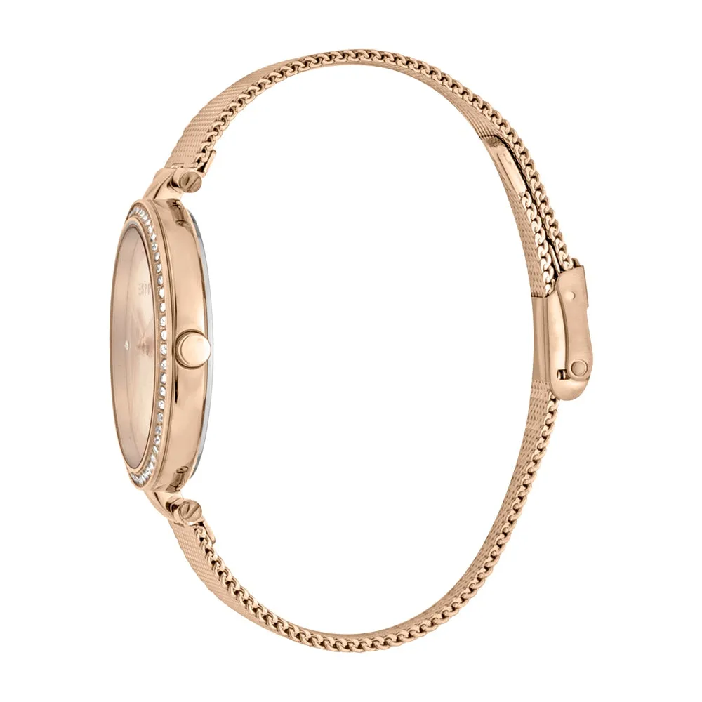 Esprit Ladies Watch Ip Rosegold Mesh Bracelet & Rosegold Dial With Stone