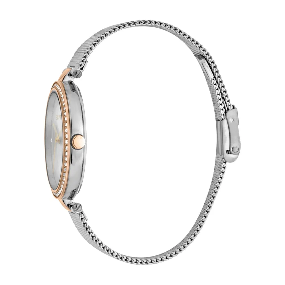 Esprit Ladies Watch Silver Color Mesh Bracelet With Stone White Dial