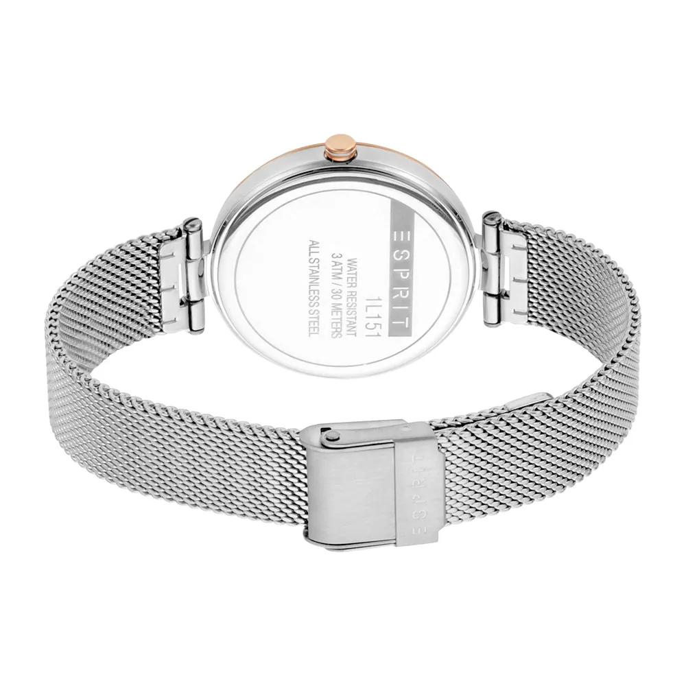 Esprit Ladies Watch Silver Color Mesh Bracelet With Stone White Dial