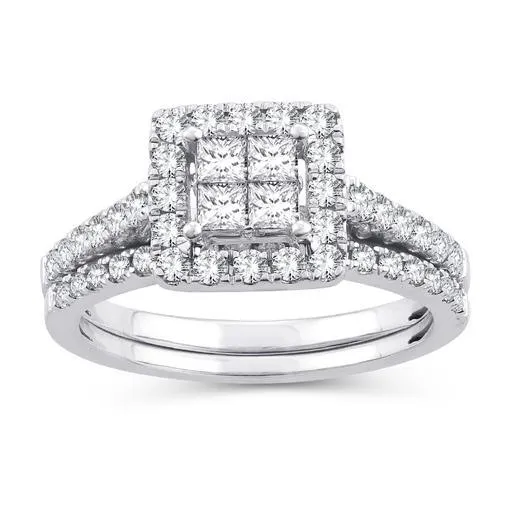 EternalDia 1 Cttw Diamond Princess-Cut Square Frame Halo Bridal Set In 10kt White Gold (IJ/I2I3)