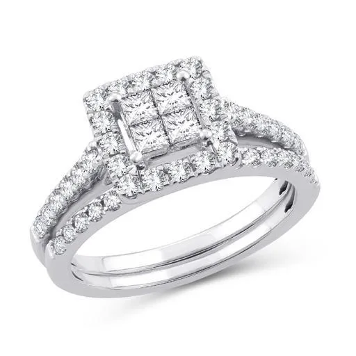 EternalDia 1 Cttw Diamond Princess-Cut Square Frame Halo Bridal Set In 10kt White Gold (IJ/I2I3)