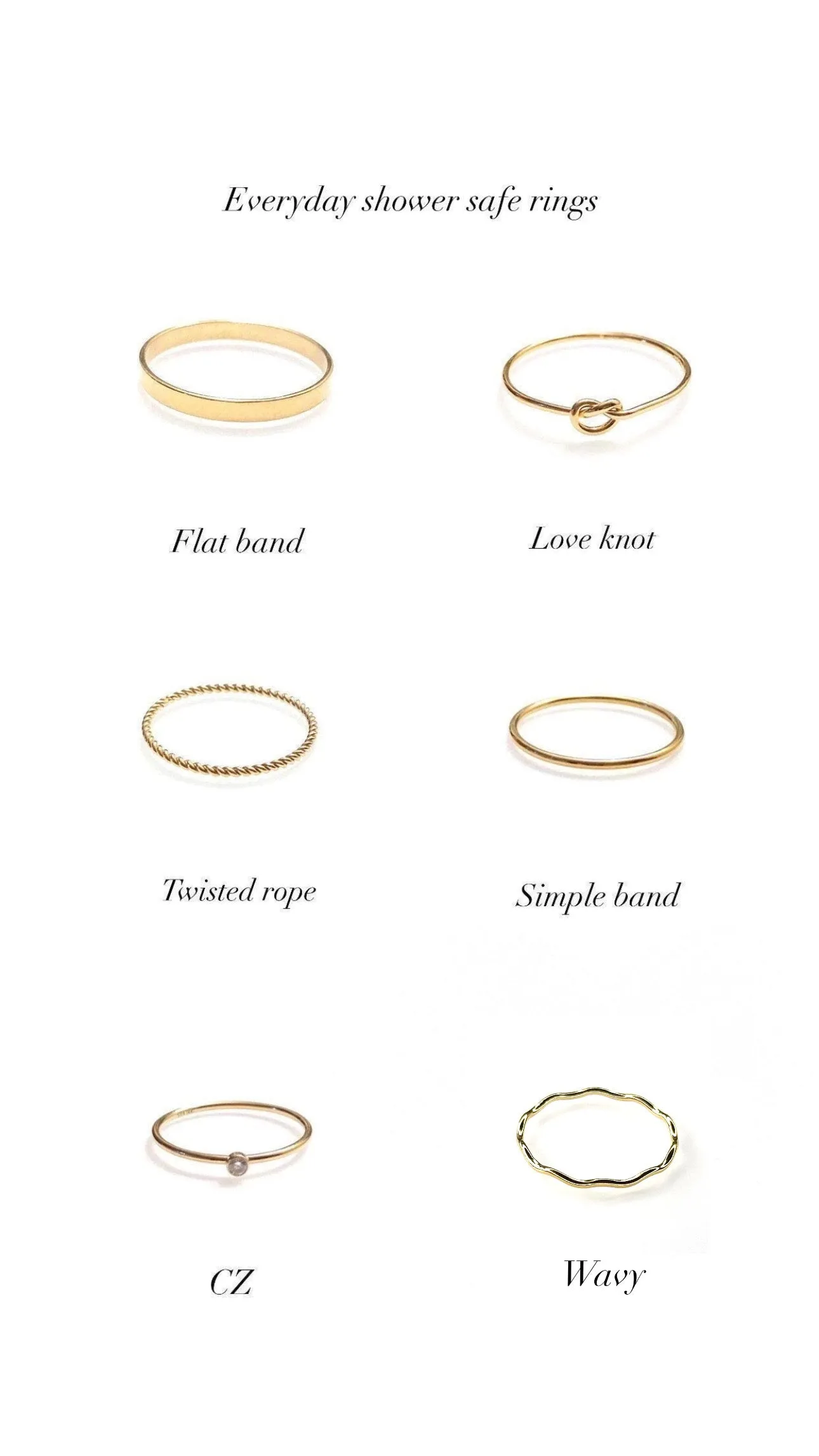 Everyday, shower safe stacking rings (14K gold-filled, cubic zirconia CZ, love knot, flat band, twisted rope, simple band, petite pearl, wavy)
