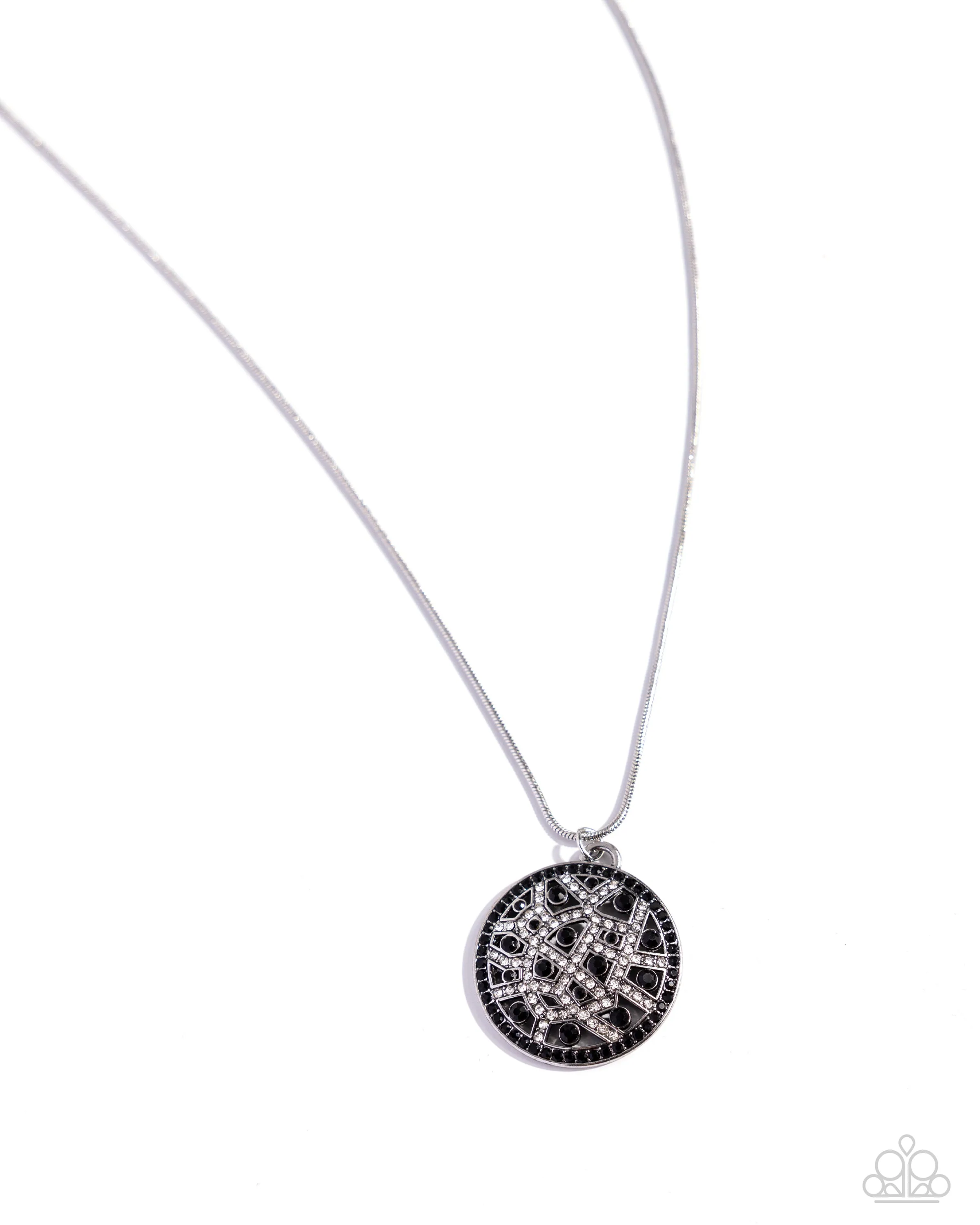 Exclusive Emblem - Black - White Rhinestone Medallion Paparazzi Short Necklace