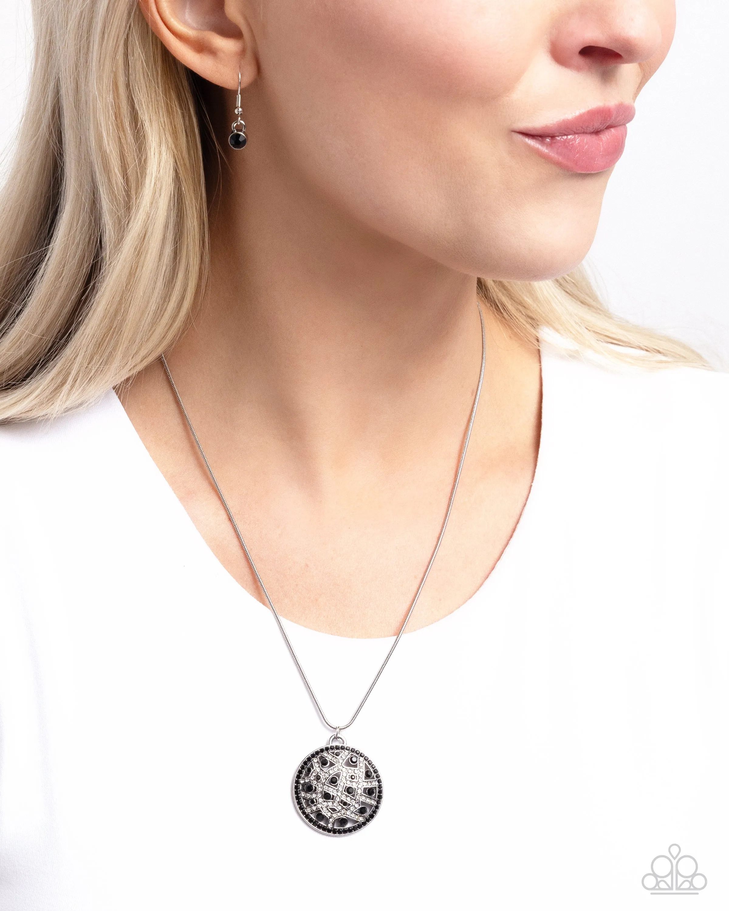 Exclusive Emblem - Black - White Rhinestone Medallion Paparazzi Short Necklace