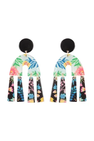 FLORAL PRINT GEOMETRIC SHAPE POST DANGLING EARRINGS