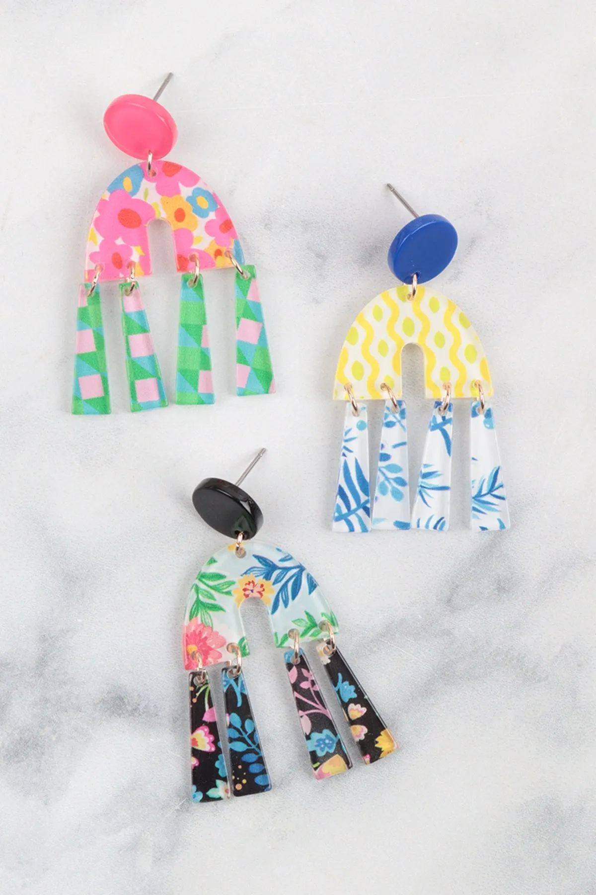 FLORAL PRINT GEOMETRIC SHAPE POST DANGLING EARRINGS
