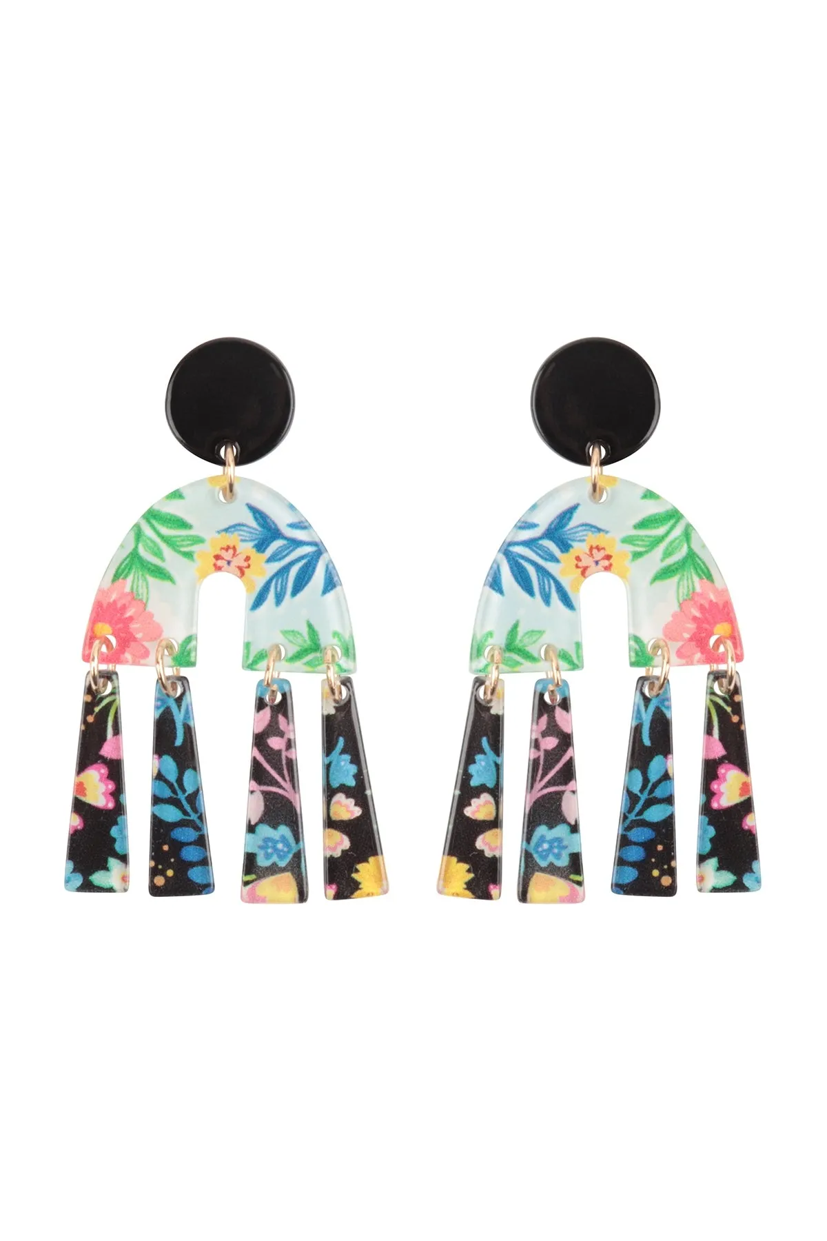 FLORAL PRINT GEOMETRIC SHAPE POST DANGLING EARRINGS