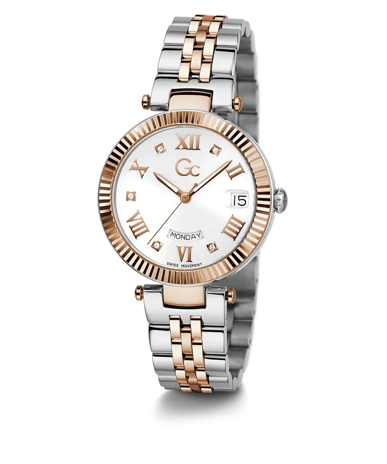 Gc Flair Ladies Mid Size White Dial Two Tone Stainless Steel Watch