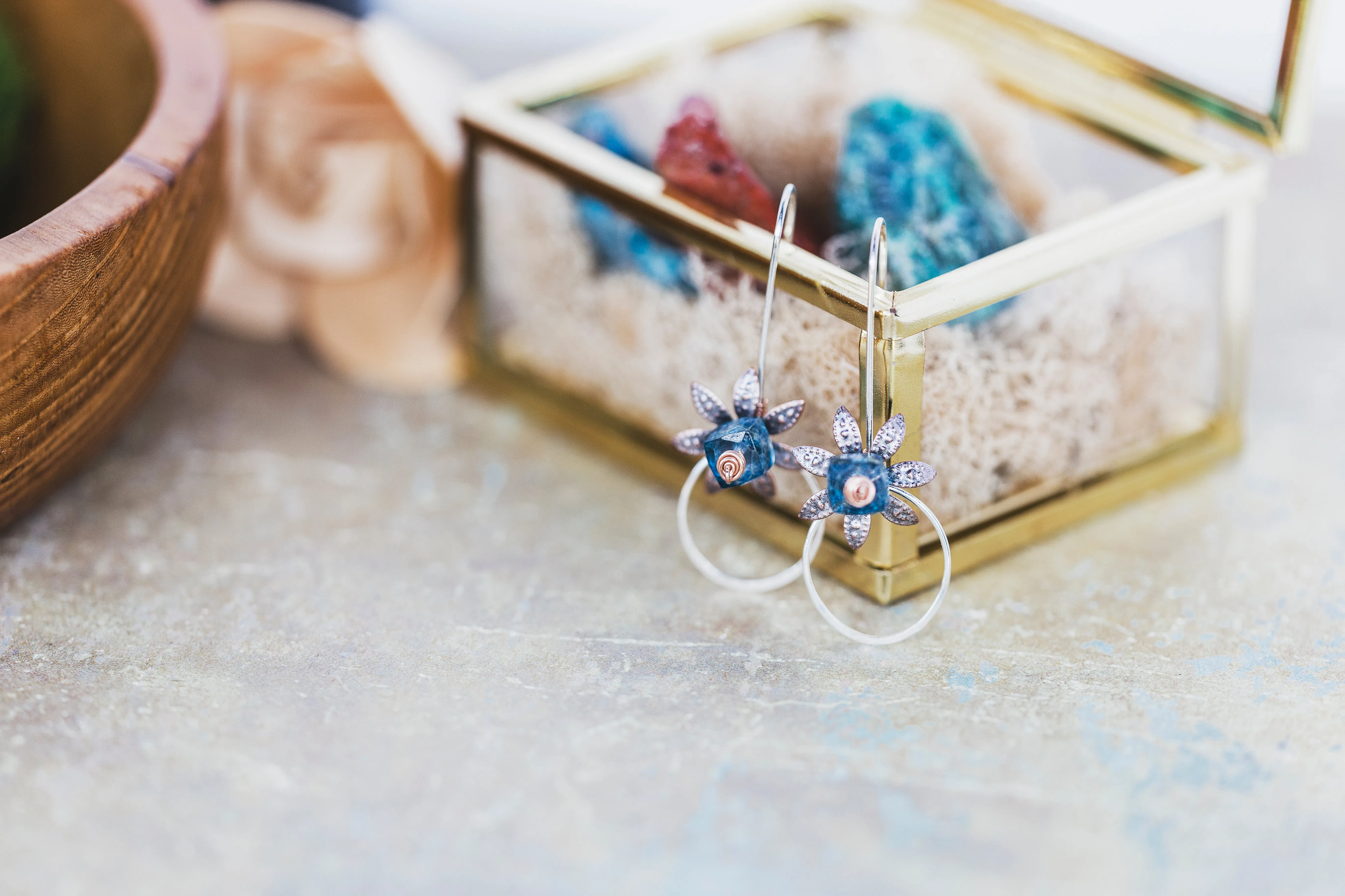Gemstone Flower Circle Threader Earrings