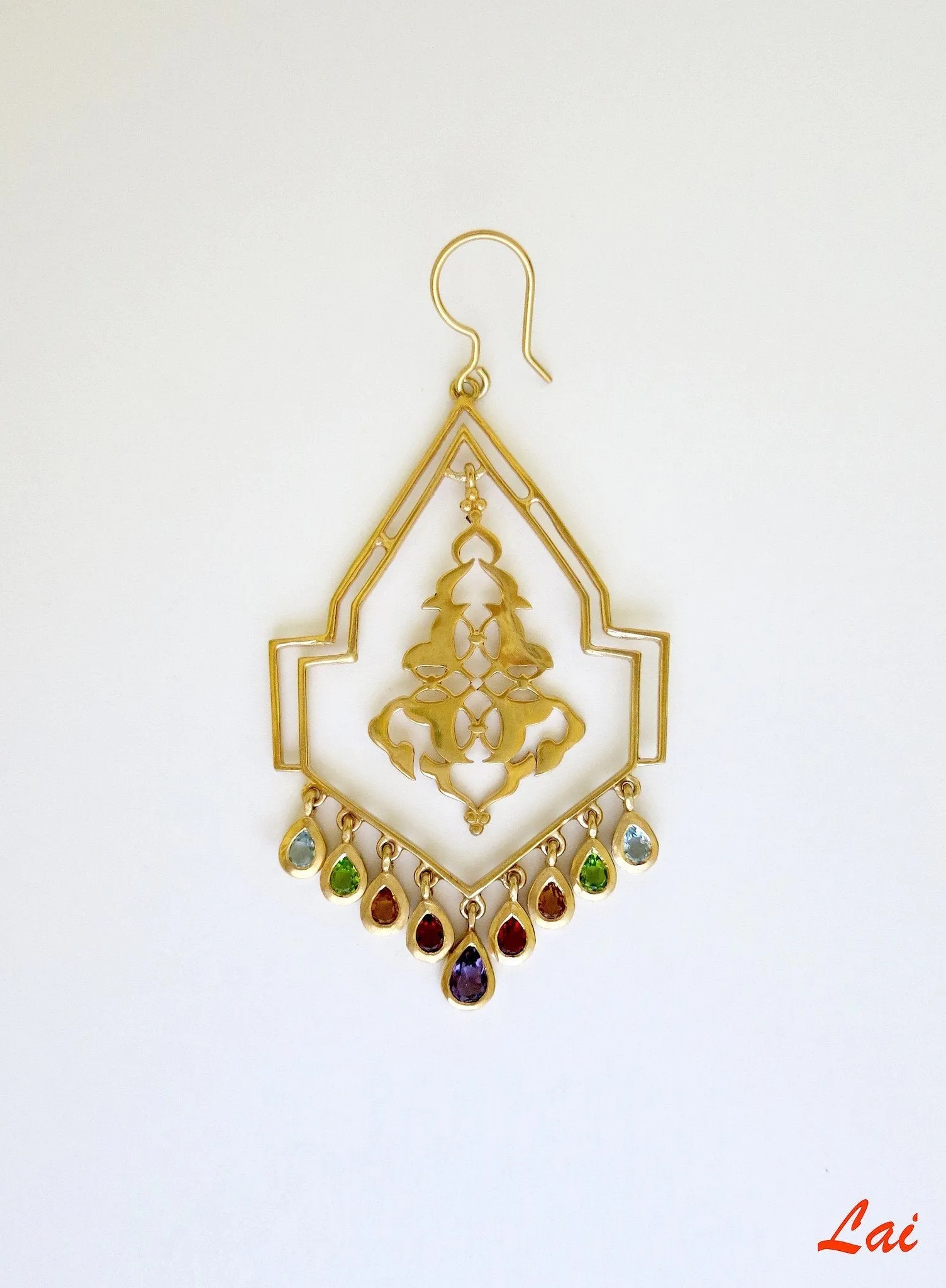 Geometric, gold-plated, chandelier earrings with gemstones