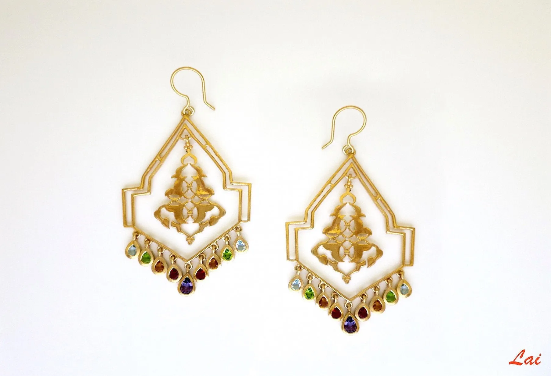 Geometric, gold-plated, chandelier earrings with gemstones
