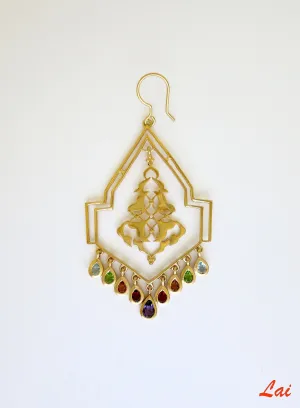 Geometric, gold-plated, chandelier earrings with gemstones