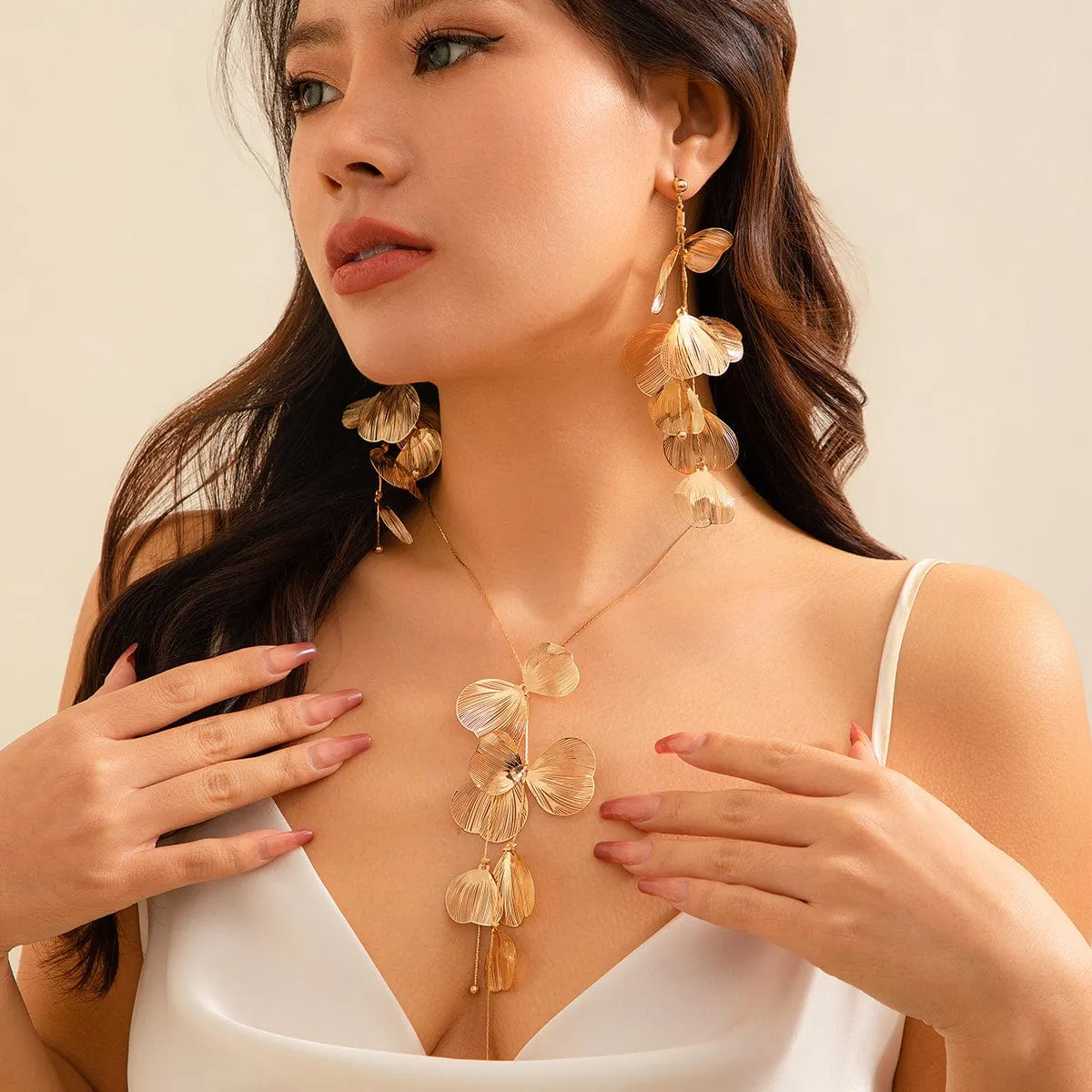 Geometric Gold Silver Tone Dangling Leaf Earrings