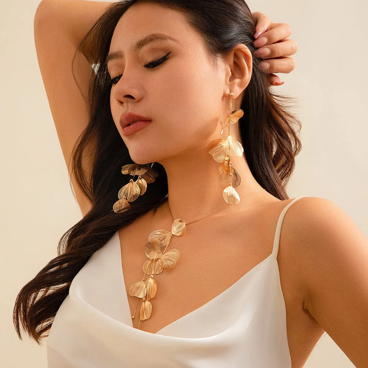 Geometric Gold Silver Tone Dangling Leaf Earrings