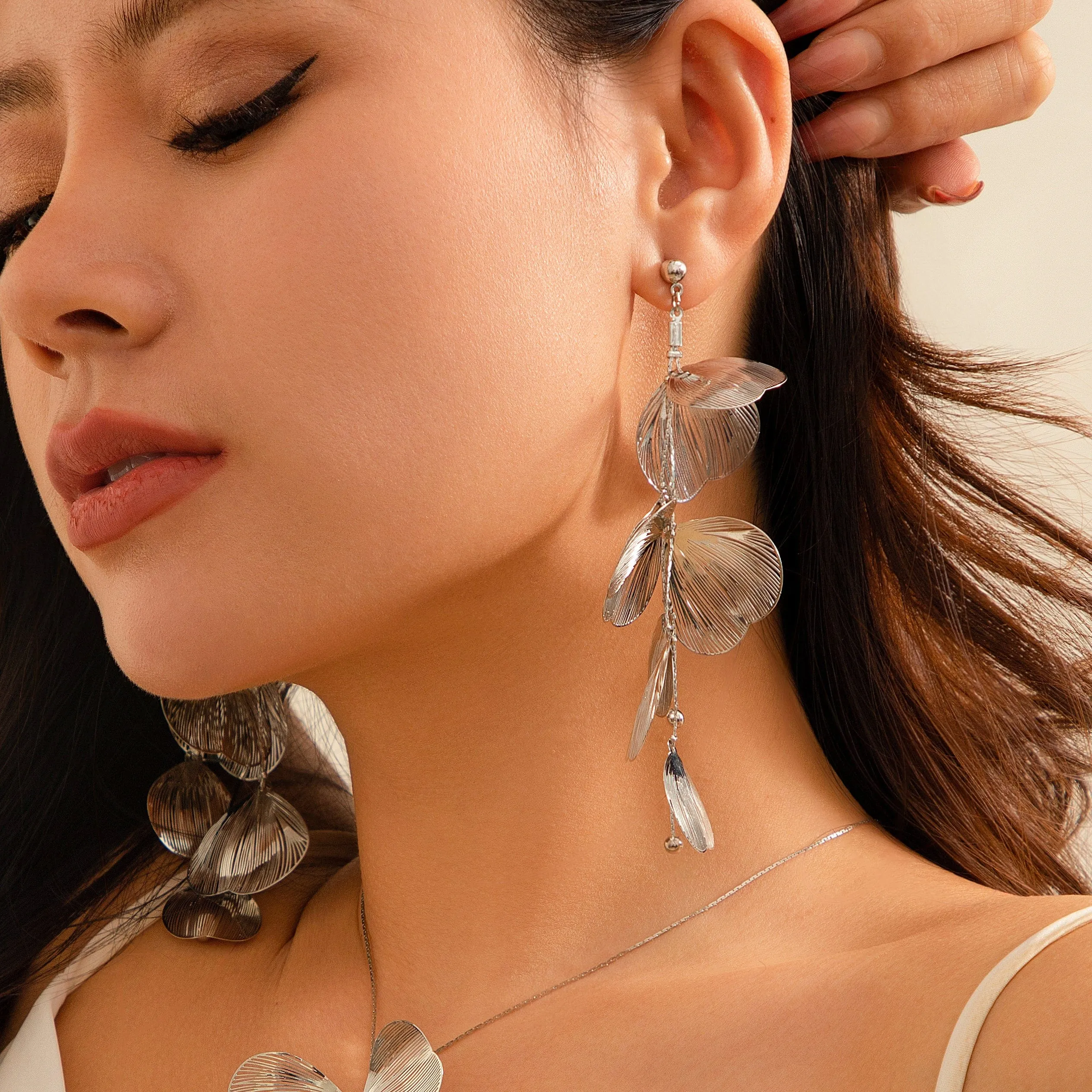 Geometric Gold Silver Tone Dangling Leaf Earrings