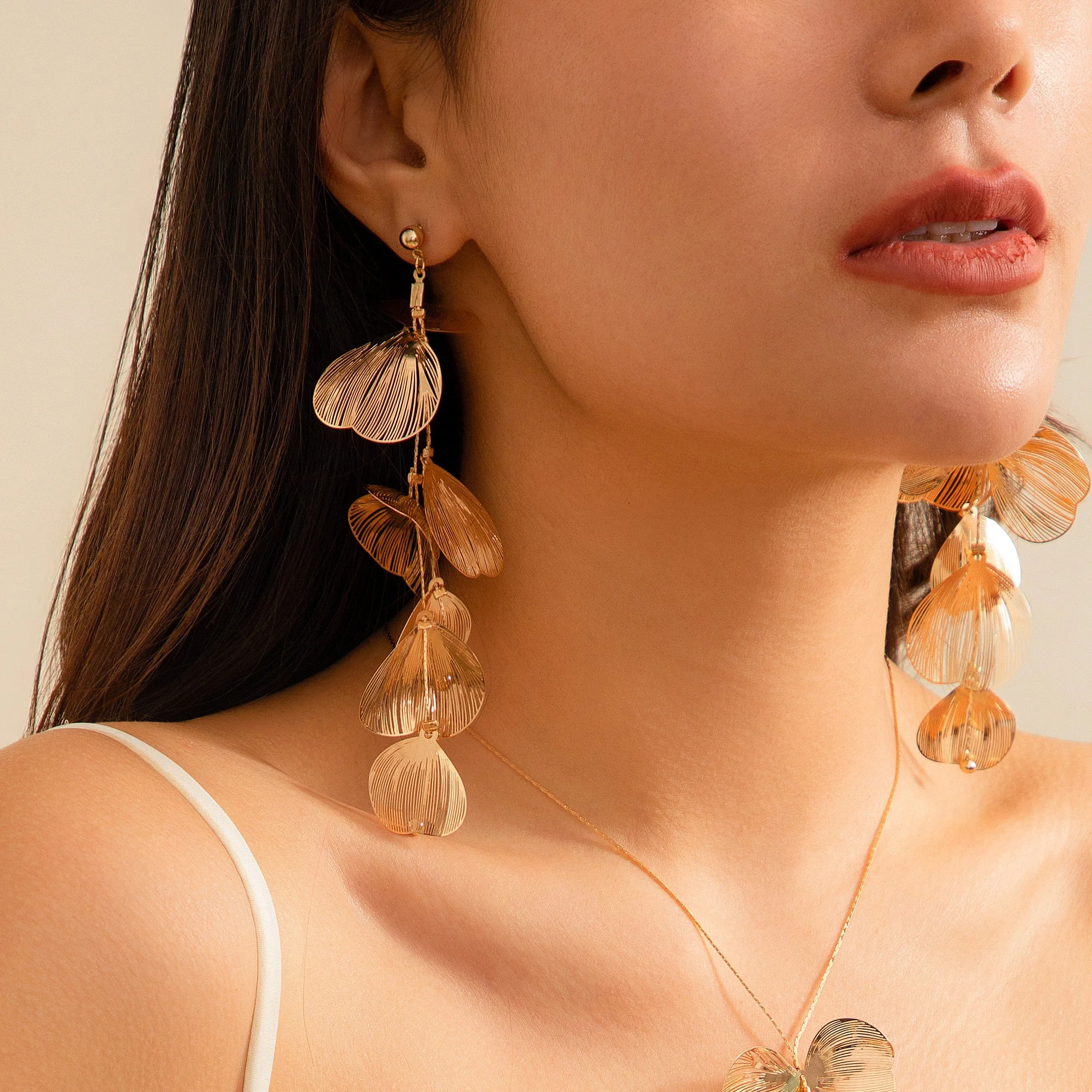 Geometric Gold Silver Tone Dangling Leaf Earrings