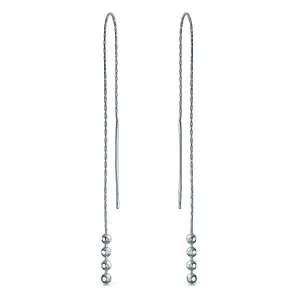 Geometric Minimalist Dangle Earrings Long Chain with Four Bead Balls Silver