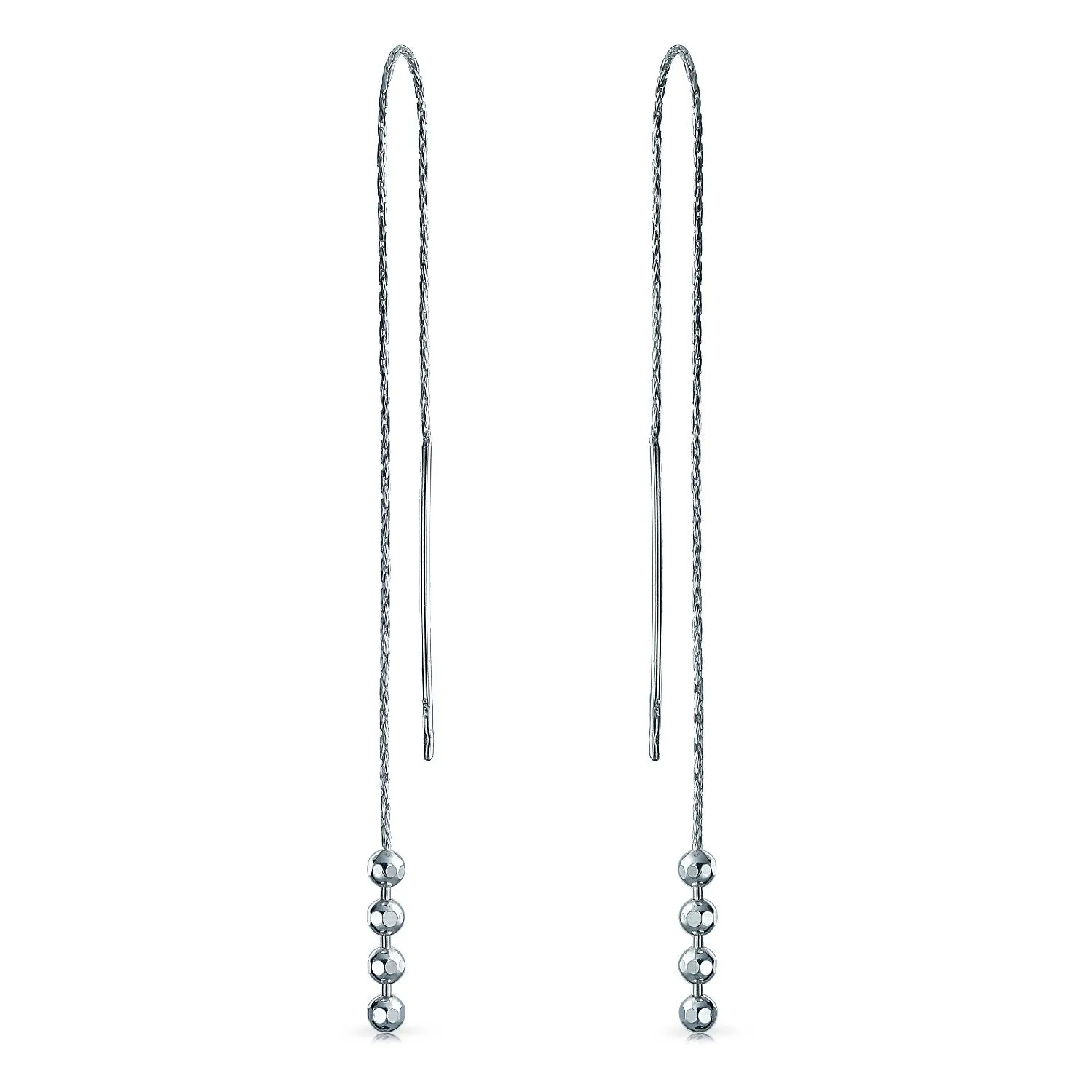 Geometric Minimalist Dangle Earrings Long Chain with Four Bead Balls Silver