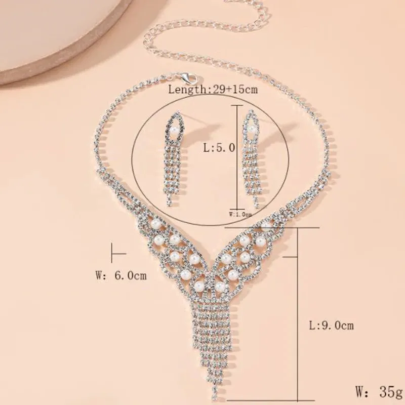Geometric Rhinestone Necklace Earrings For Women Long Tassel Jewelry Sets Ladies Weddings Banquet Accessory
