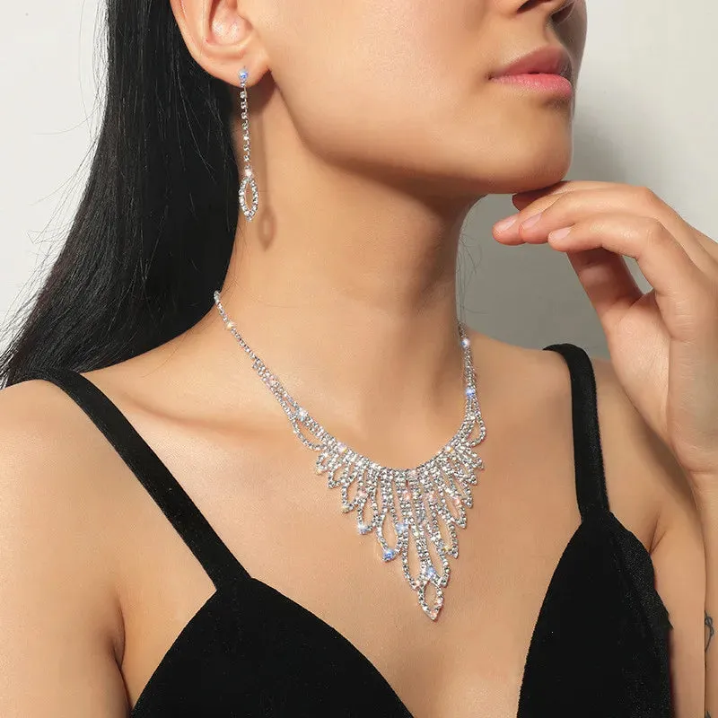 Geometric Rhinestone Necklace Earrings For Women Long Tassel Jewelry Sets Ladies Weddings Banquet Accessory
