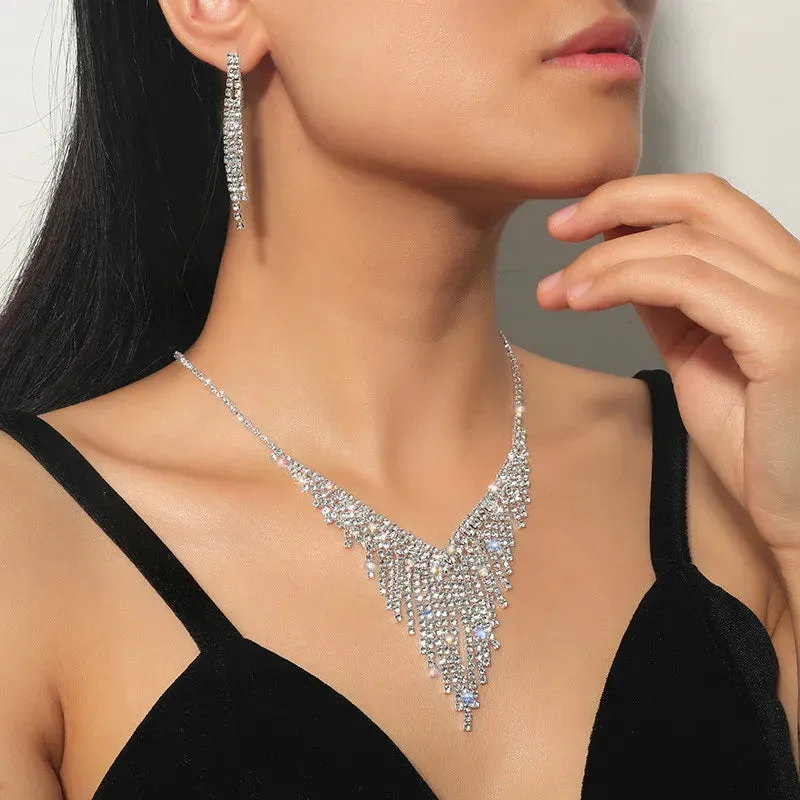 Geometric Rhinestone Necklace Earrings For Women Long Tassel Jewelry Sets Ladies Weddings Banquet Accessory