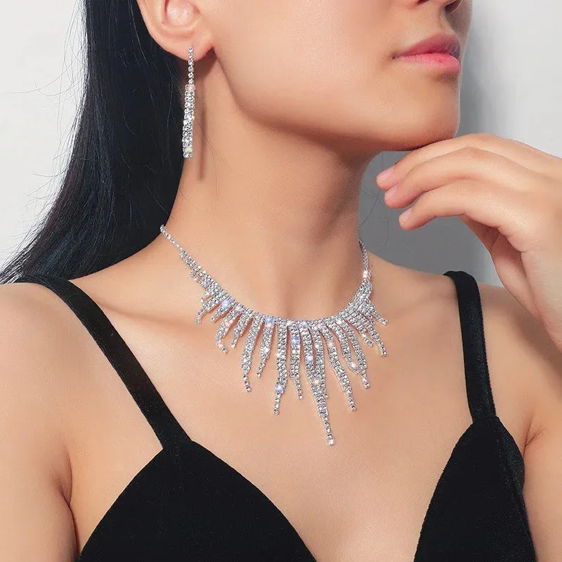 Geometric Rhinestone Necklace Earrings For Women Long Tassel Jewelry Sets Ladies Weddings Banquet Accessory